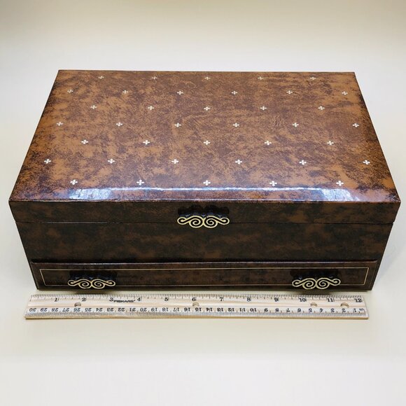 Vintage 60s Jewelry Chest Dresser Box with Drawer: Brown Vinyl Orange Lining - Picture 8 of 10